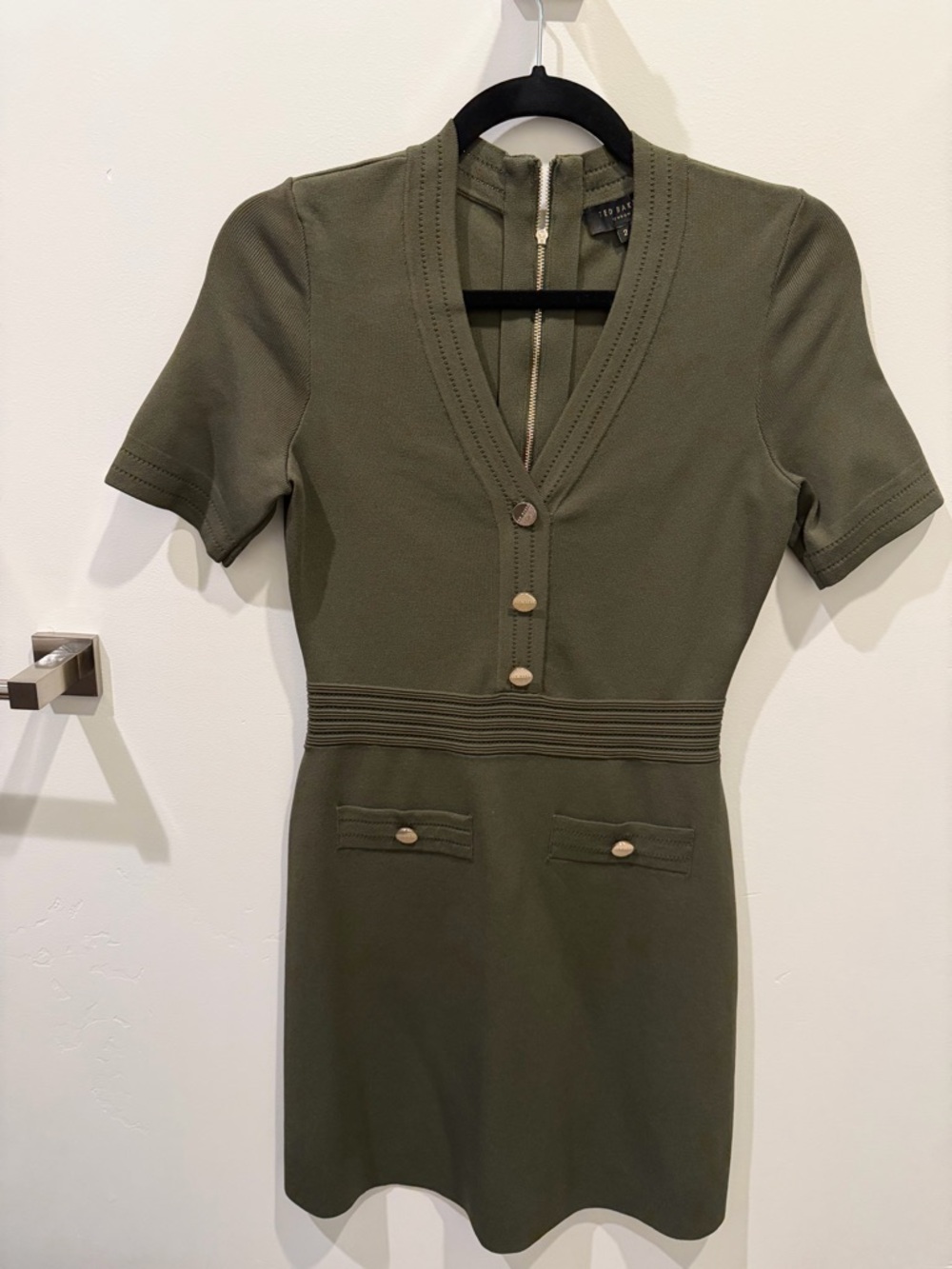 Ted Baker London Olive Green Knit Fit & Flare Mini Dress - Picture 2 of 5